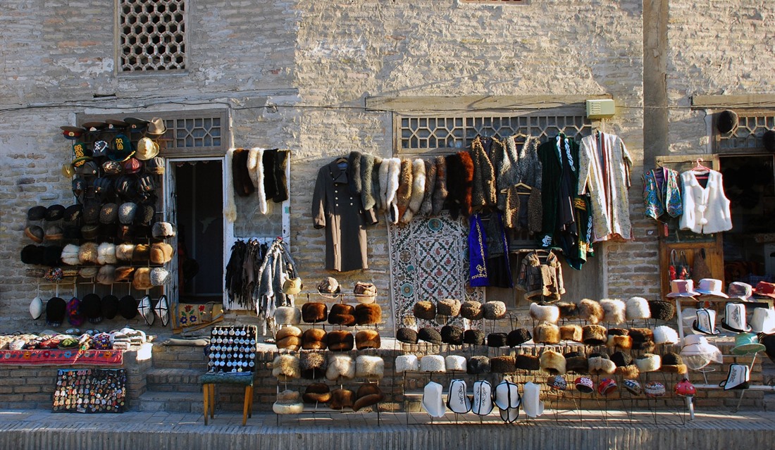 Clothing market stall on the streets of Bukhara