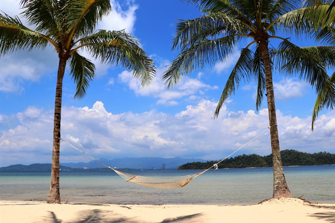 Two palm trees with a hammock on the beach - Gaya Island Malaysia Asia