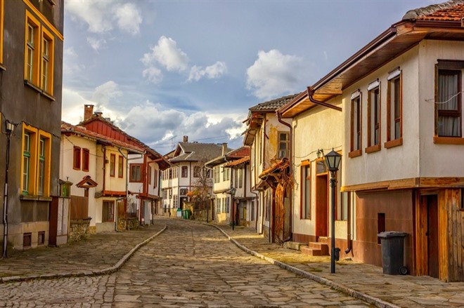 A street of the old town, national revival architecture. Tryavna, Bulgaria