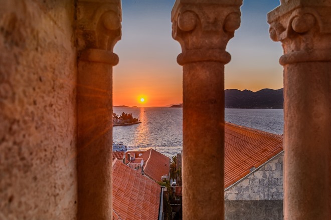 Sunset on Korcula island, viewpoint from bell tower