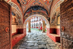 Beautiful view of the entrance gate at the Orthodox Rila Monastery